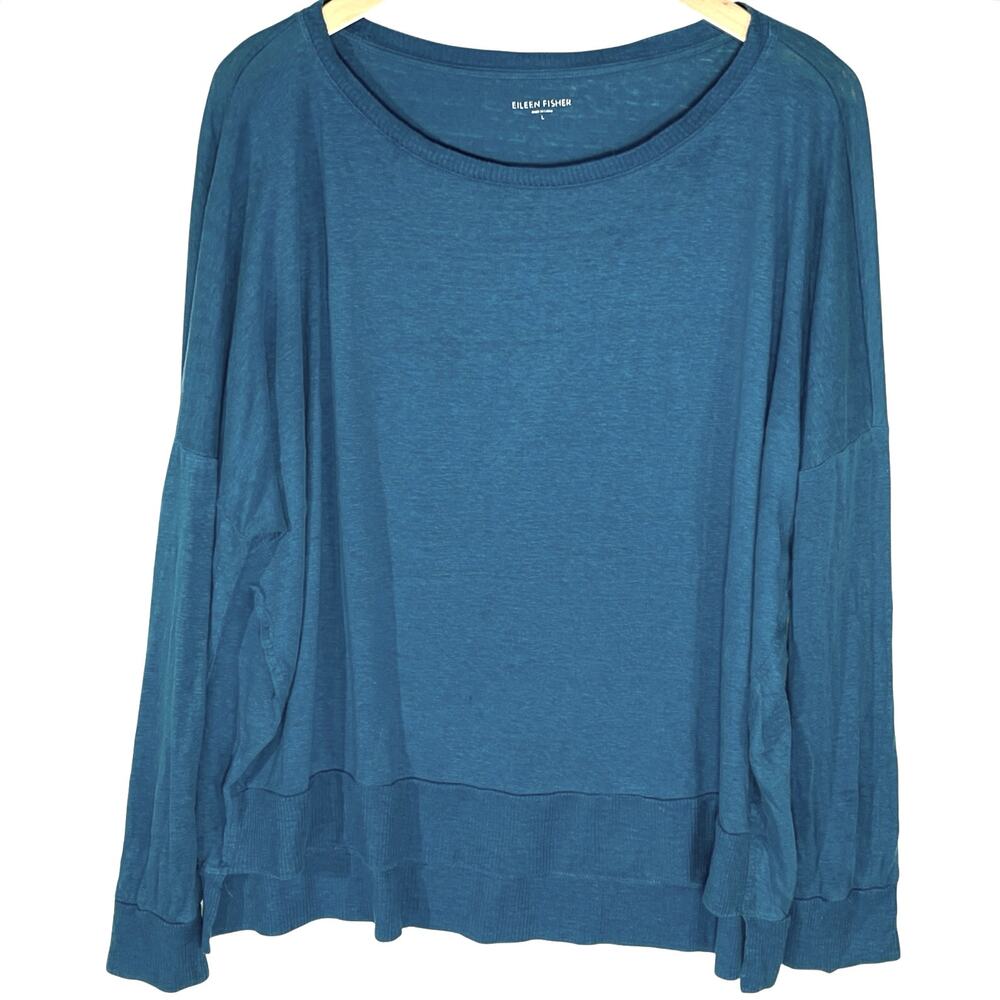 EILEEN FISHER Women’s Dark Teal Blue 100% Linen Long Sleeve Knit Top